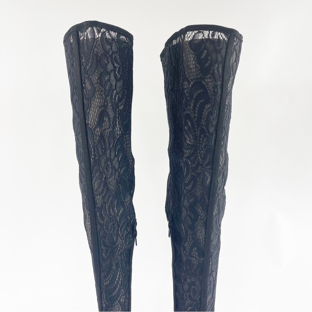 #429 New BAMBOO Spotlight Black Lace Thigh High Peep Toe Heels size 10 - Picture 8 of 14